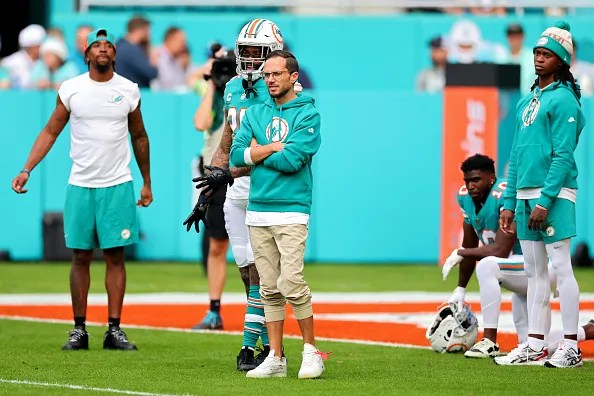 MIAMI GARDENS, FLORIDA - DECEMBER 24: Head coach Mike McDaniel of the Miami Dolphins looks on prior to the game against the Dallas Cowboys at Hard Rock Stadium on December 24, 2023 in Miami Gardens, Florida. (Photo by Stacy Revere/Getty Images)