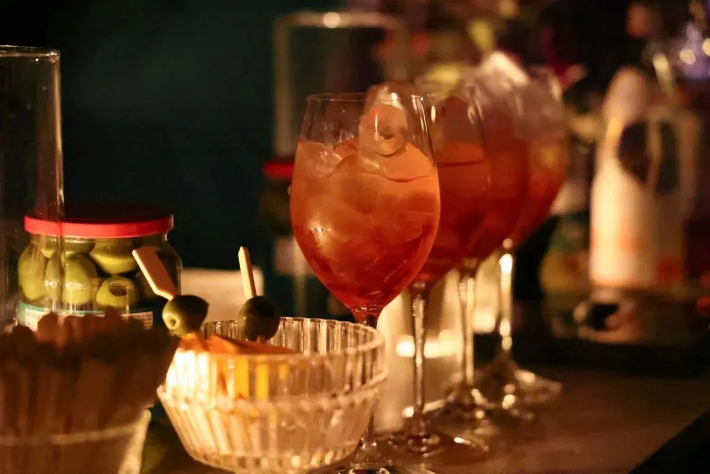 LOS ANGELES, CALIFORNIA - SEPTEMBER 23: A view of Aperol Spritz at Frankies 457 Specialty Foods Los Angeles Launch on September 23, 2023 in Los Angeles, California. (Photo by Rodin Eckenroth/Getty Images for Frankies 457)