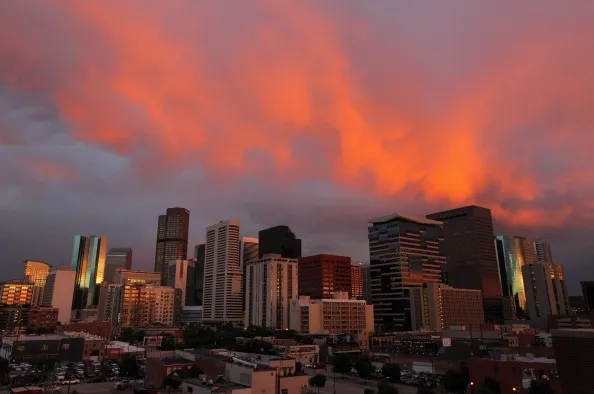 DENVER, CO - JULY 14:  Turbulent weather produced a spectacular sunset over the skyline of the Denver downtown as seen from the stadium as the Milwaukee Brewers face the Colorado Rockies at Coors Field on July 14, 2011 in Denver, Colorado.  (Photo by Doug Pensinger/Getty Images)